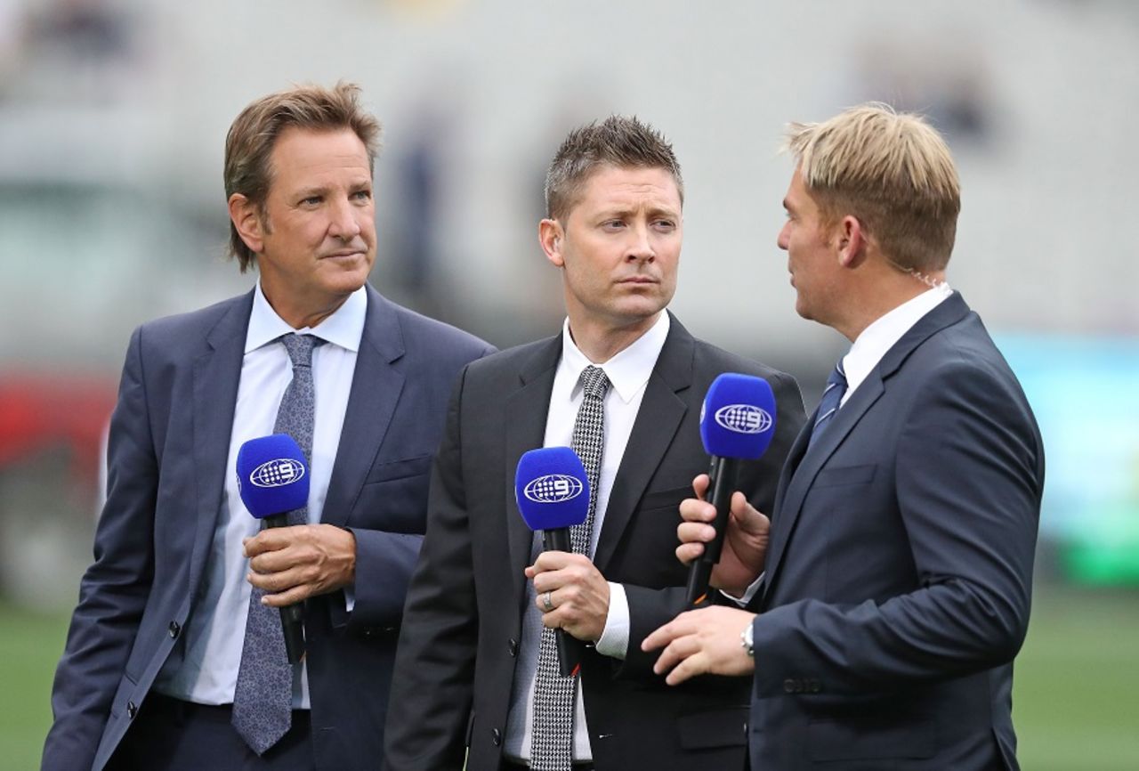 Mark Nicholas, Michael Clarke and Shane Warne talk on television, Australia v Pakistan, 2nd Test, 3rd day, Melbourne, December 28, 2016