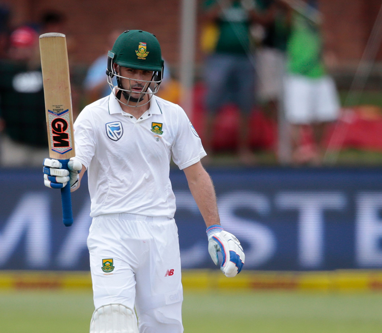 Stephen Cook raises his bat after reaching his half-century, South Africa v Sri Lanka, 1st Test, Port Elizabeth, 3rd day, December 28, 2016