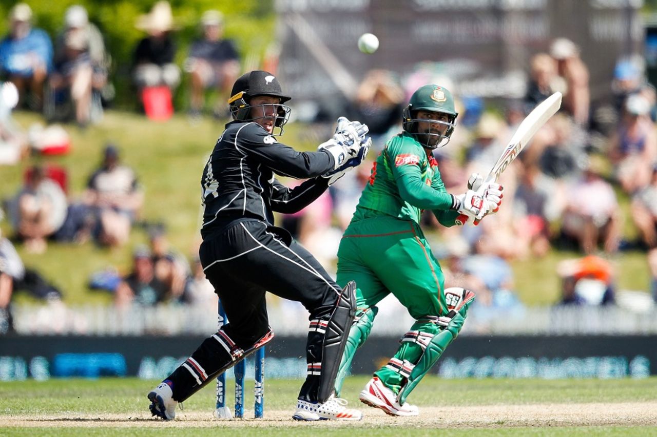 Imrun Kayes pokes the ball to fine leg, New Zealand v Bangladesh, 2nd ODI, Nelson, December 29, 2016