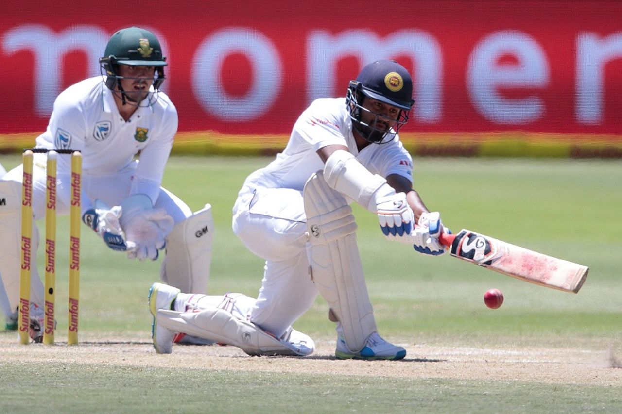 Dimuth Karunaratne plays a sweep, South Africa v Sri Lanka, 1st Test, Port Elizabeth, 4th day, December 29, 2016