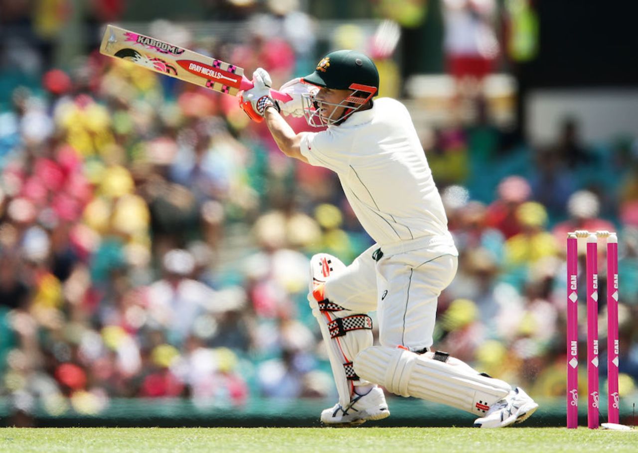 David Warner drives the ball away, Australia v Pakistan, 3rd Test, Sydney, 1st day, January 3, 2017