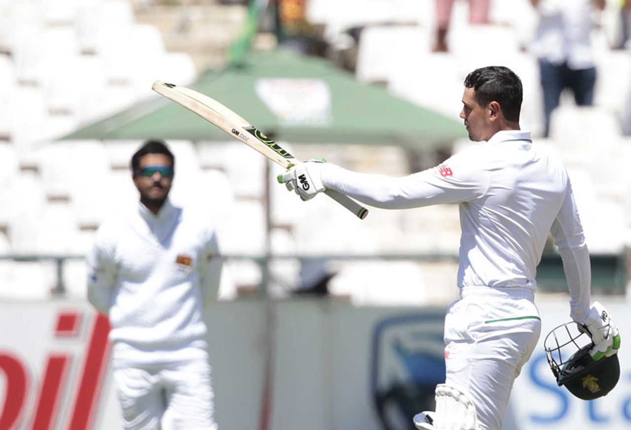 Quinton de Kock raises is bat for three figures, South Africa v Sri Lanka, 2nd Test, Cape Town, 2nd day, January 3, 2017
