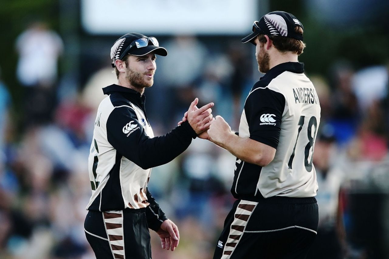 Kane Williamson and Corey Anderson congratulate each other, New Zealand v Bangladesh, 3rd T20I, Mount Maunganui, January 8, 2017