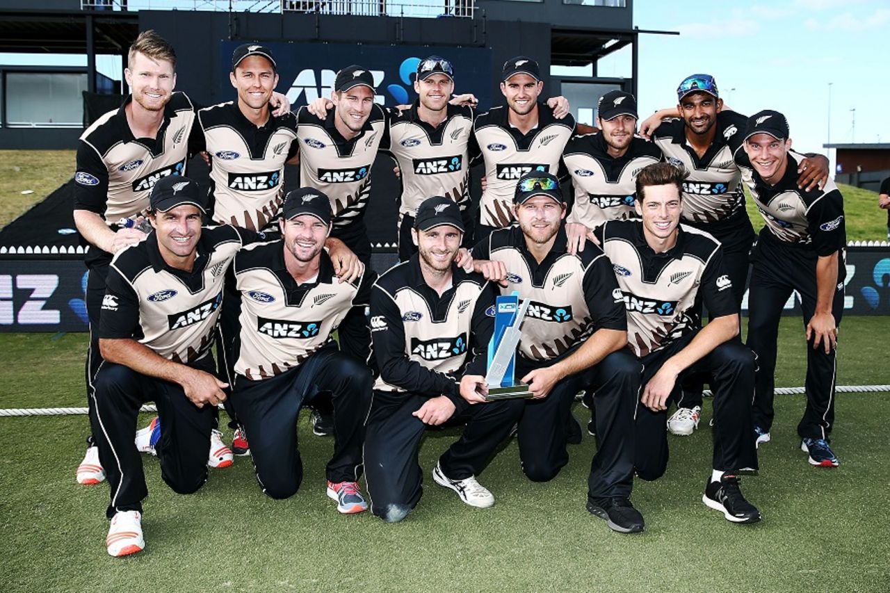 Say cheese: The New Zealand players strike a pose after winning the series 3-0, New Zealand v Bangladesh, 3rd T20I, Mount Maunganui, January 8, 2017