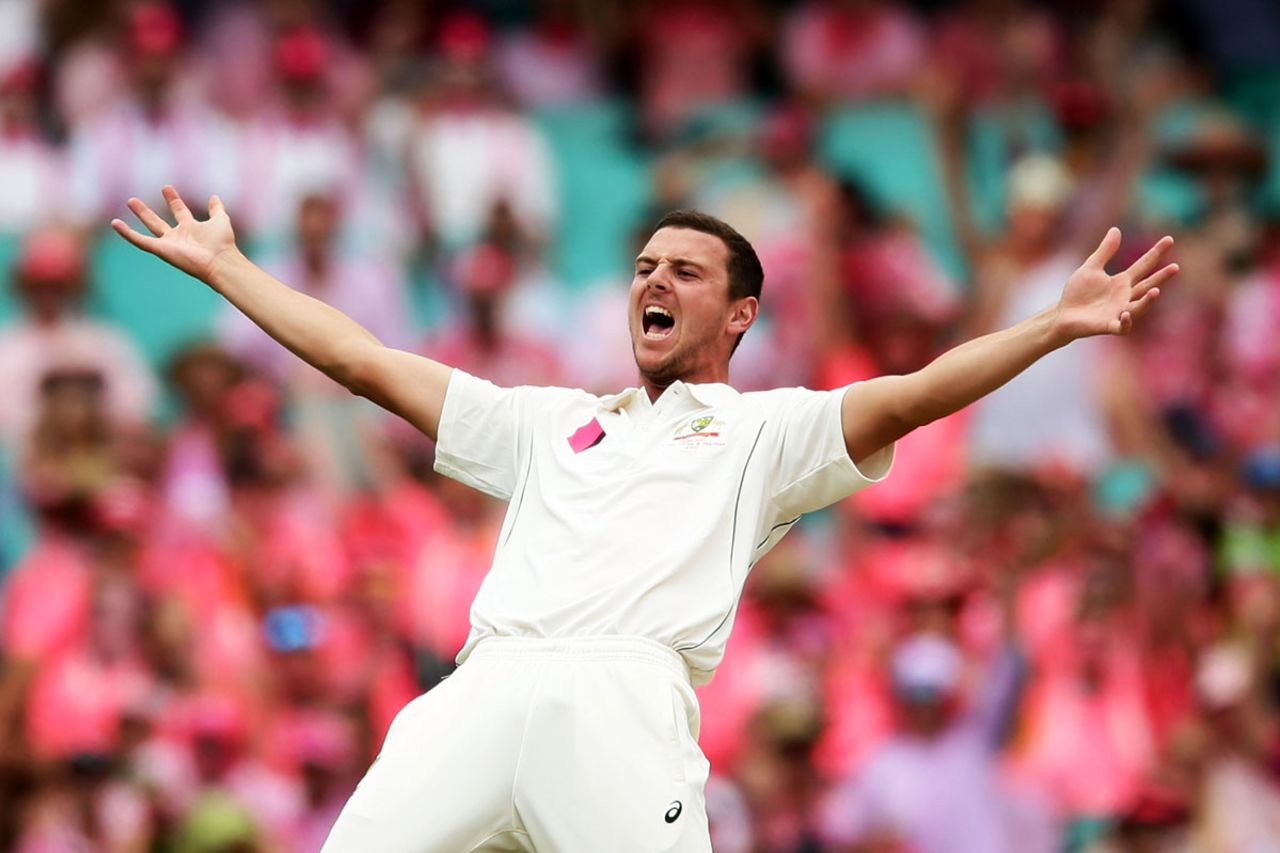 Josh Hazlewood goes up in appeal, with a finger obscured, Australia v Pakistan, 3rd Test, Sydney, 3rd day, January 5, 2017