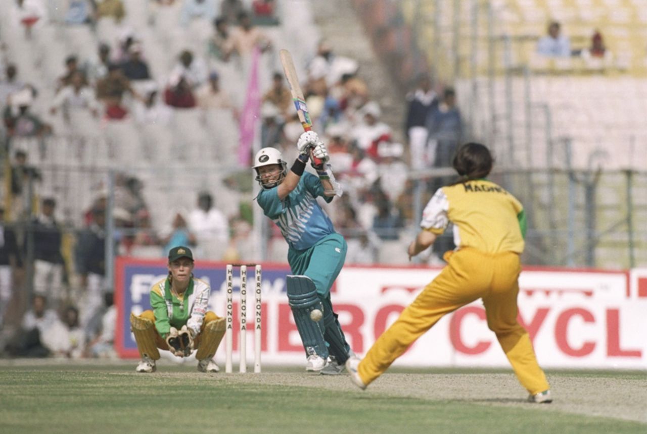 Debbie Hockley hits one straight back to the bowler, Australia v New Zealand, Women's World Cup final, Kolkata, December 29, 1997