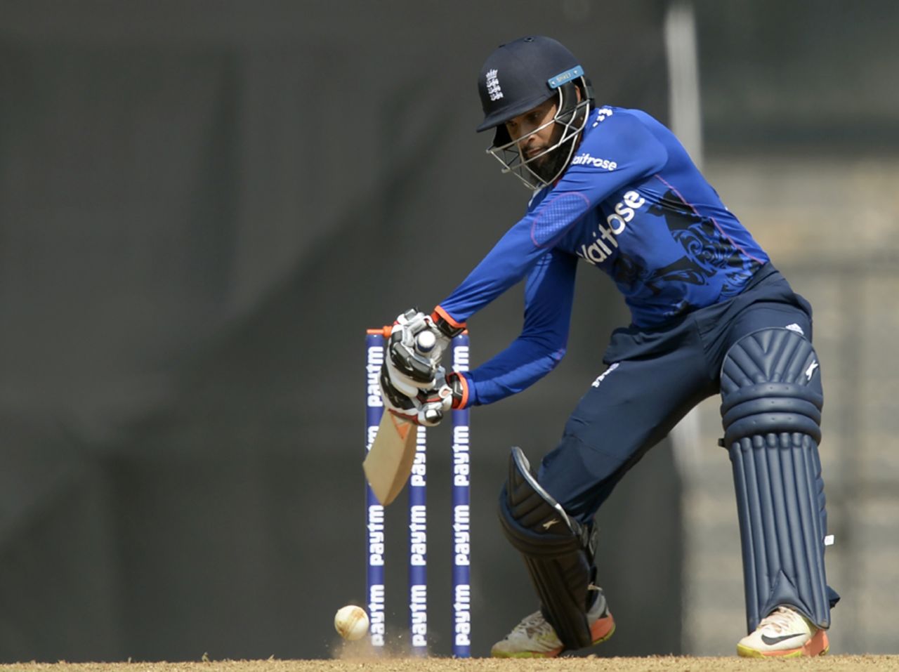 Adil Rashid backs away to try and find a gap, India A v England XI, Mumbai, January 12, 2017