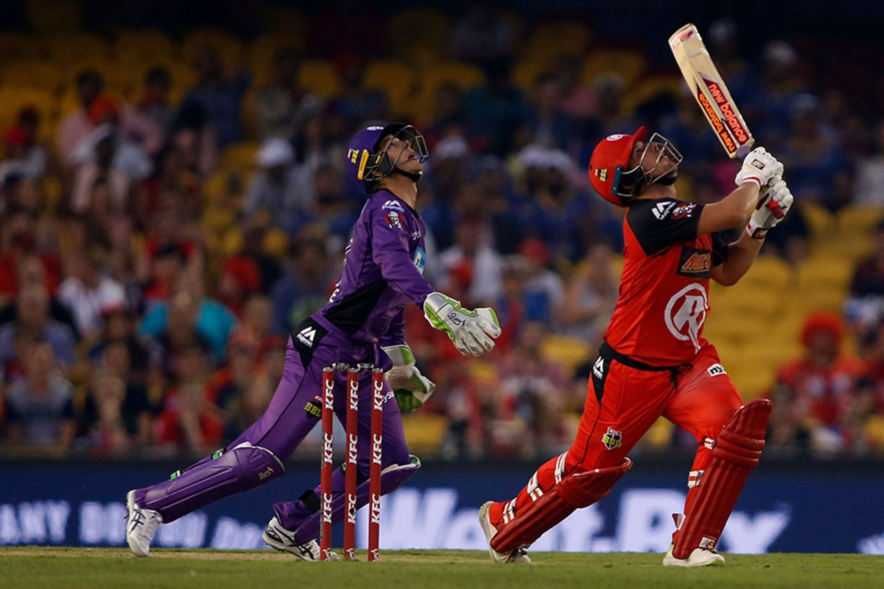 Aaron Finch and Tim Paine look on after the batsman skies the ball, Melbourne Renegades v Hobart Hurricanes, BBL 2016-17, Melbourne, January 12, 2017