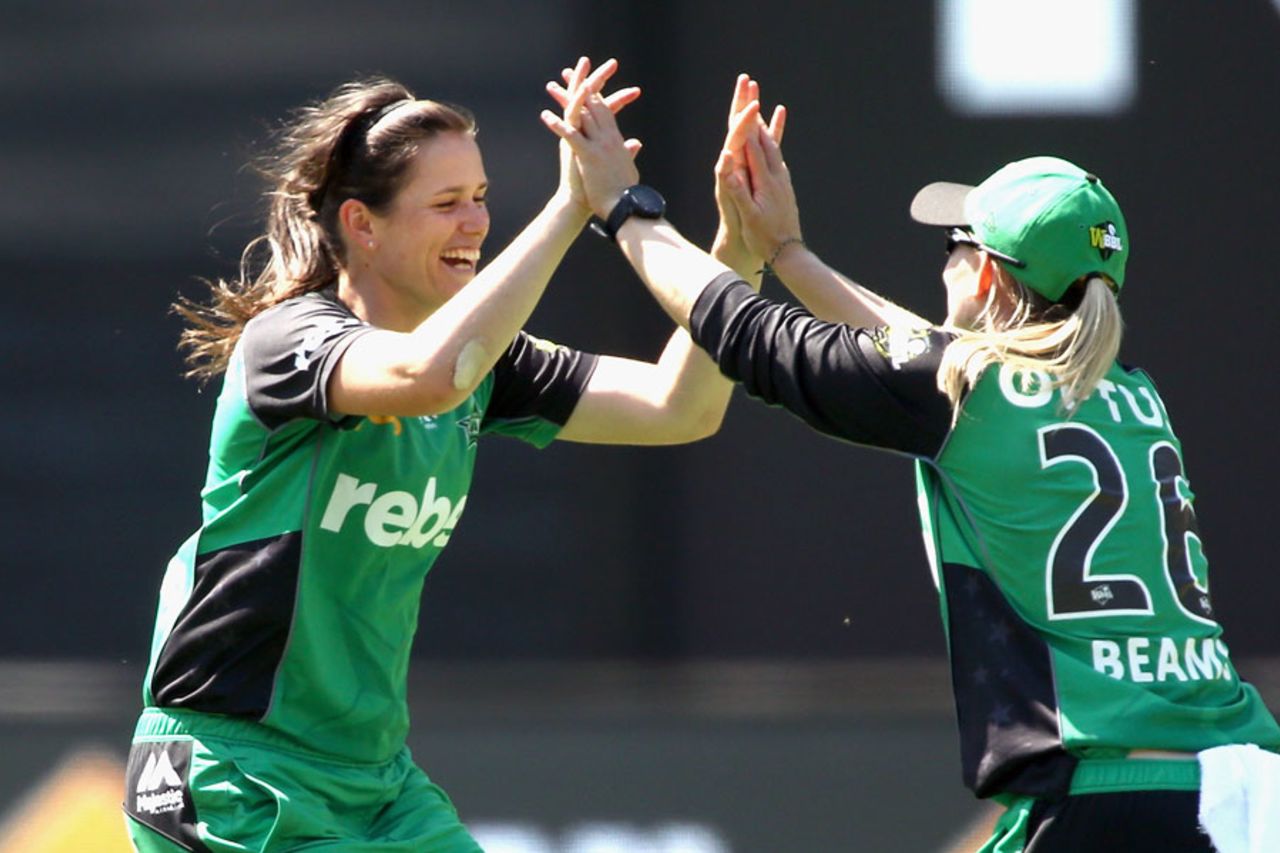 Gemma Triscari, who picked up three wickets in one over, celebrates with Kristen Beams, Melbourne Stars v Adelaide Strikers, Women's Big Bash League 2016-17, Perth, January 13, 2017