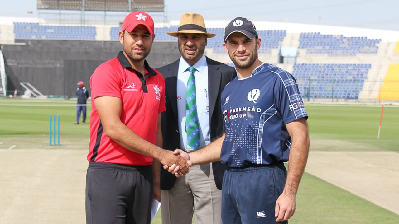 Hong Kong captain Babar Hayat and Scotland captain Kyle Coetzer at the coin toss for the opening match at the Desert T20, Hong Kong v Scotland, Desert T20, Group B, Abu Dhabi, January 14, 2017