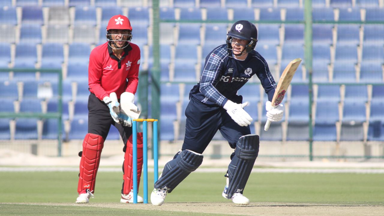George Munsey works the ball into the leg side for a run, Hong Kong v Scotland, Desert T20, Group B, Abu Dhabi, January 14, 2017