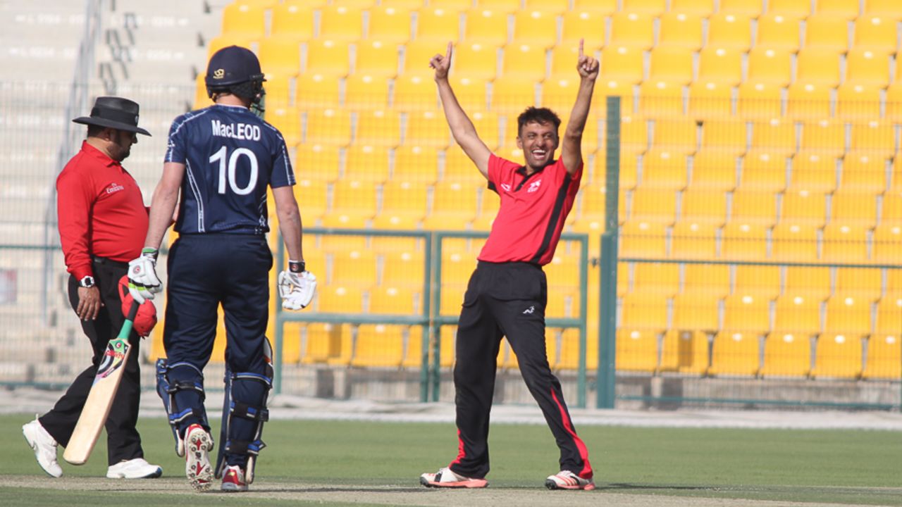 Ehsan Khan celebrates his second wicket in the over after Kyle Coetzer is caught at cover, Hong Kong v Scotland, Desert T20, Group B, Abu Dhabi, January 14, 2017