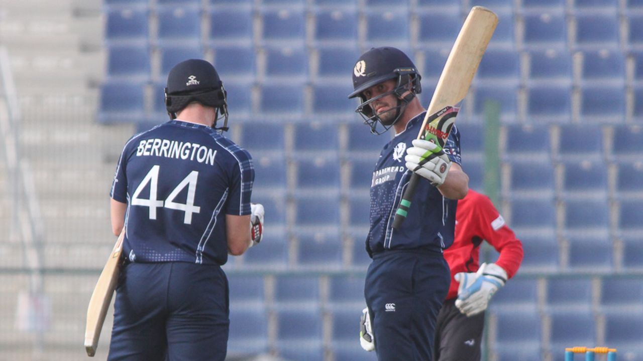 Calum MacLeod brought up his fifty as part of a Scotland T20I record stand of 127 with Richie Berrington, Hong Kong v Scotland, Desert T20, Group B, Abu Dhabi, January 14, 2017