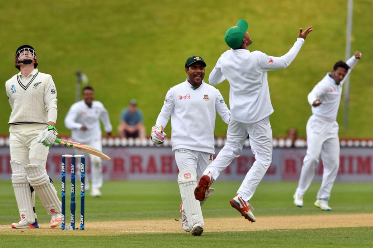 Mehedi Hasan Miraz is thrilled after catching Henry Nicholls, New Zealand v Bangladesh, 1st Test, Wellington, 4th day, January 15, 2017