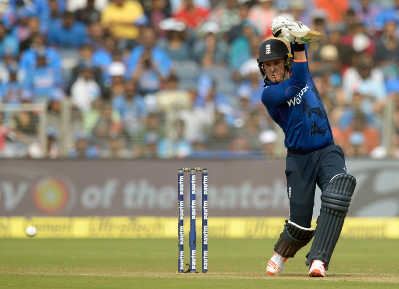 Jason Roy drives on the up through the off side, India v England, 1st ODI, Pune, January 15, 2017