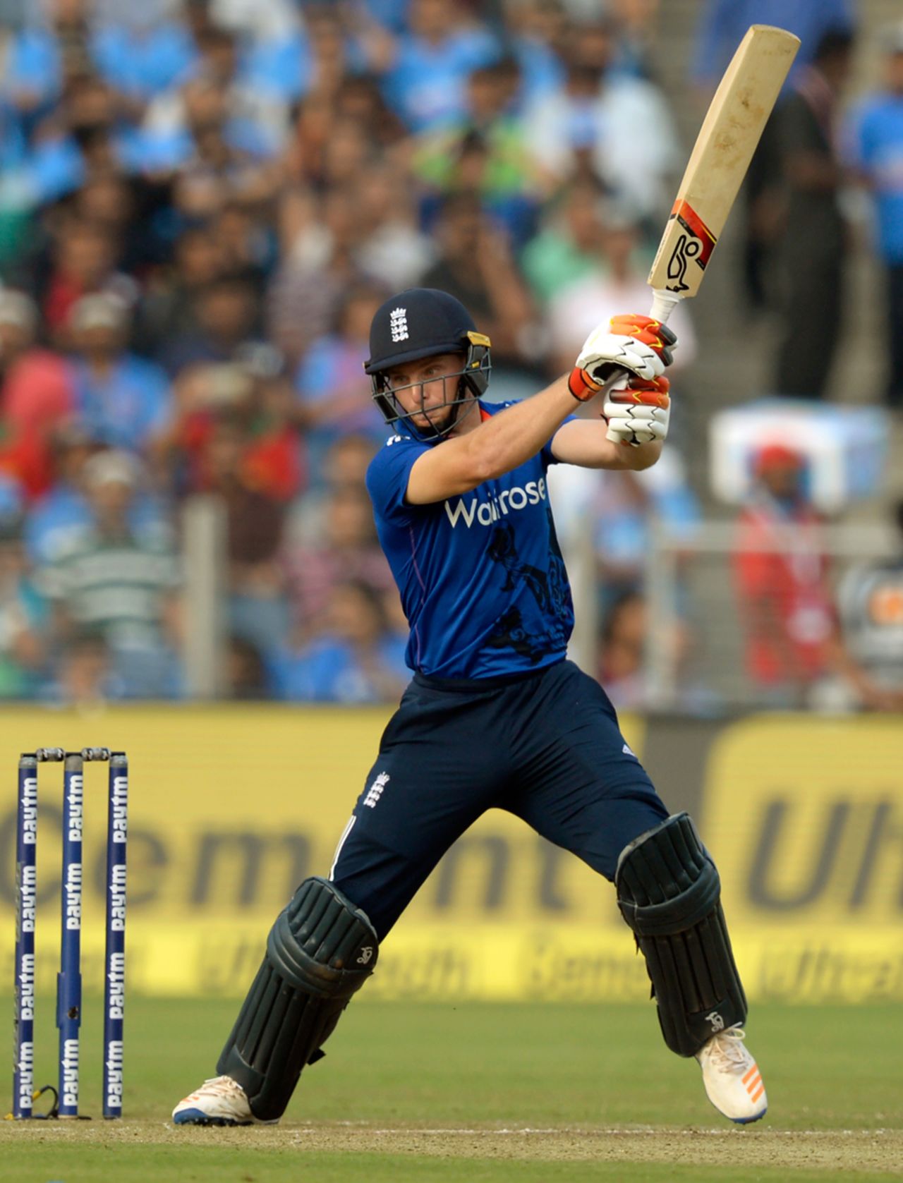 Jos Buttler makes room and creams one through the off side, India v England, 1st ODI, Pune, January 15, 2017