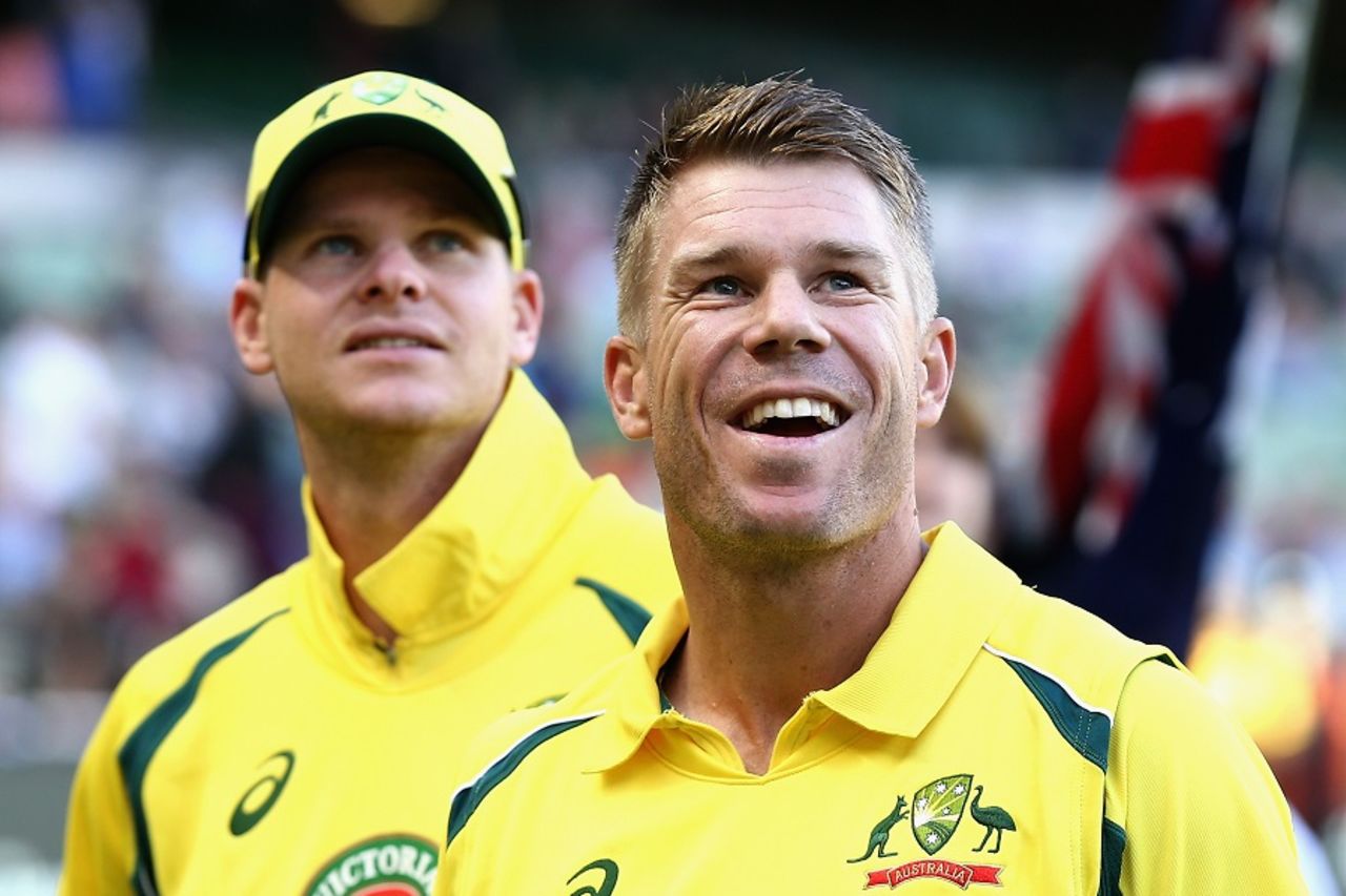 David Warner and Steven Smith look on before the start of the match, Australia v Pakistan, 2nd ODI, Melbourne, January 15, 2017