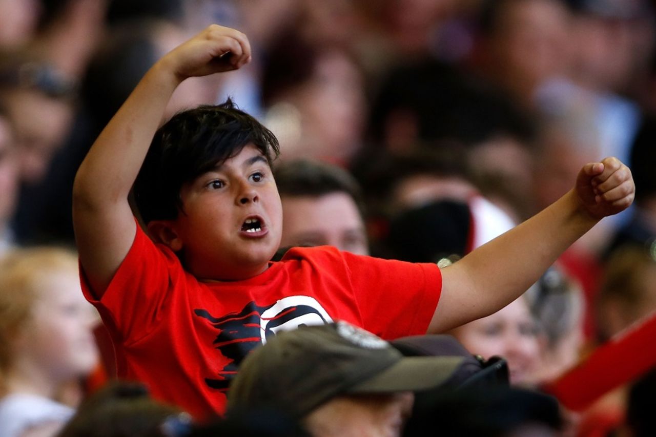 A young fan exults as he supports his team in the stands, Melbourne Renegades v Hobart Hurricanes, BBL 2016-17, Melbourne, January 12, 2017