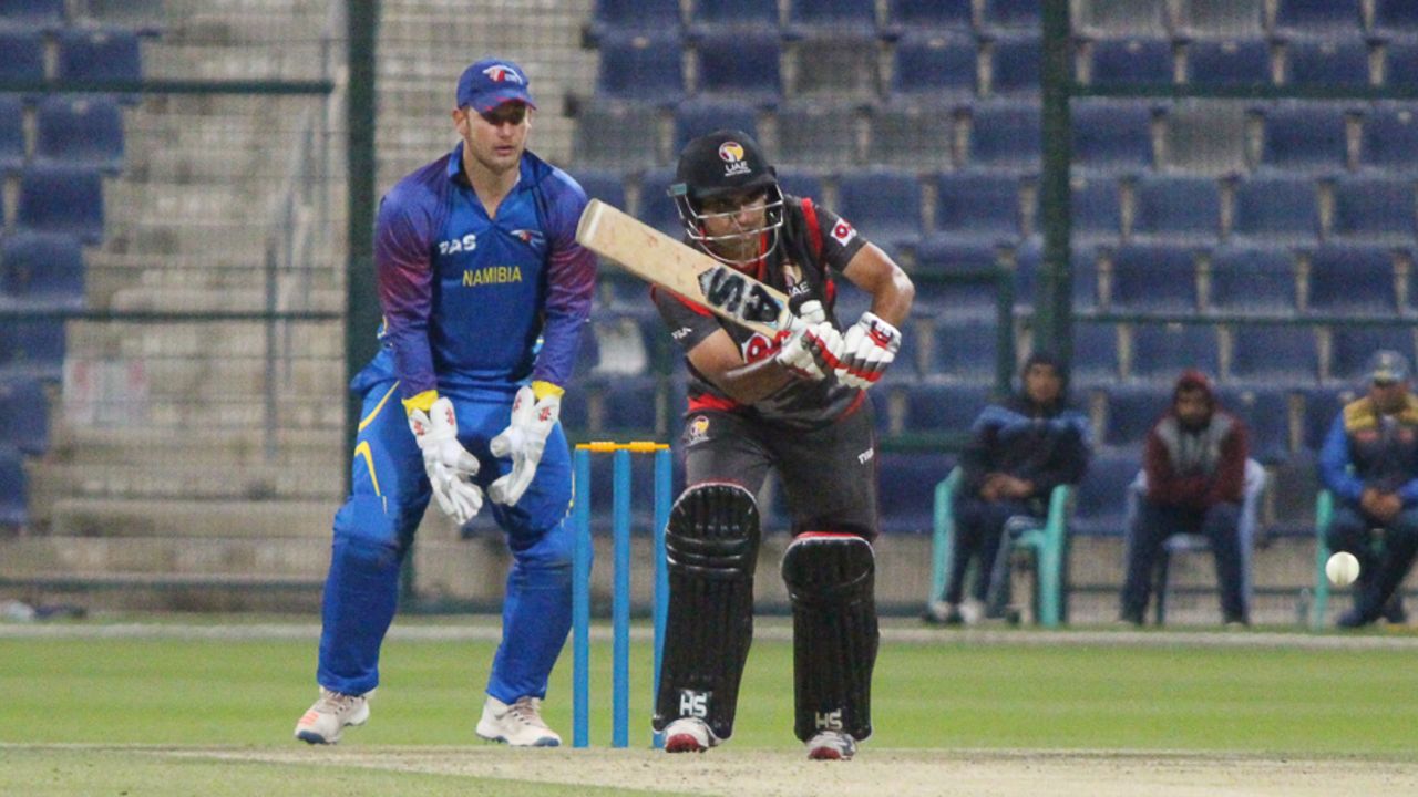 Shaiman Anwar looks for a single to mid-on during his 53, UAE v Namibia, Desert T20, Group A, Abu Dhabi, January 15, 2017