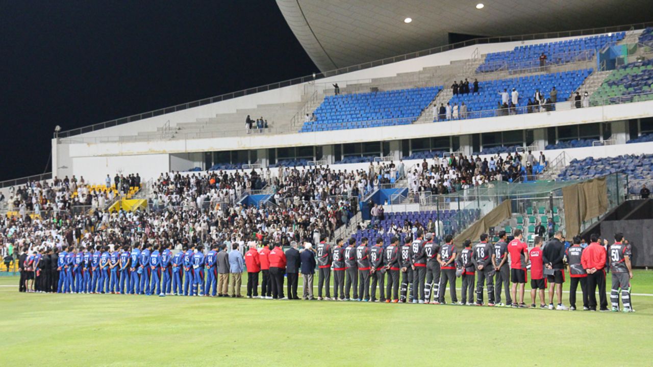 A minute's silence is held before the start of play in memory of five UAE diplomats killed in a bombing in Kandahar on January 10, UAE v Afghanistan, Desert T20, Group A, Abu Dhabi, January 16, 2017