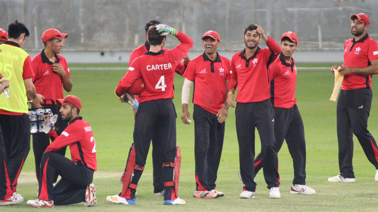 Anshuman Rath points to the Hong Kong coaches after striking with his first ball, Hong Kong v Netherlands, Desert T20, Group B, Dubai, January 18, 2017
