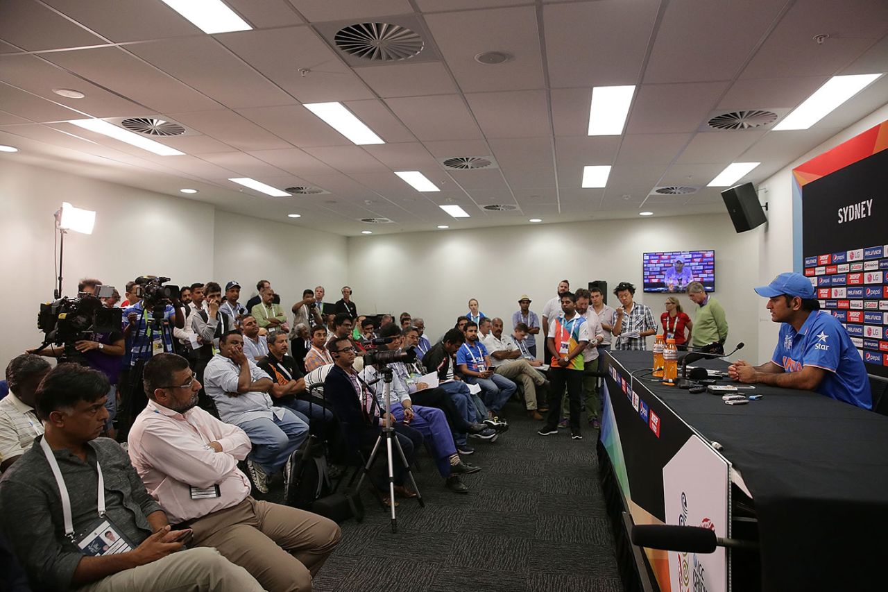 MS Dhoni speaks at the press conference the day before the match, Australia v India, second semi-final, World Cup 2015, Sydney, March 26, 2015