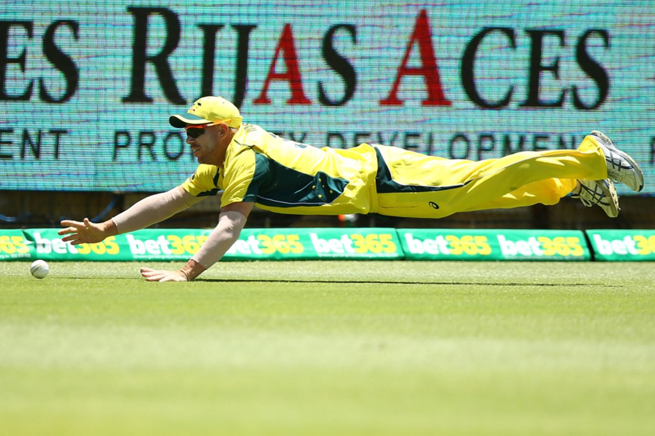 David Warner puts in a dive in the outfield, Australia v Pakistan, 3rd ODI, Perth, January 19, 2017