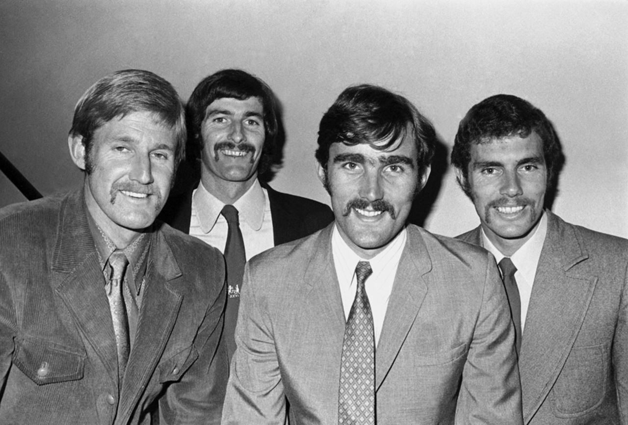 Members of the Australian team on the 1972 tour of England: from left, Ross Edwards, Dennis Lillee, Paul Sheahan and Greg Chappell