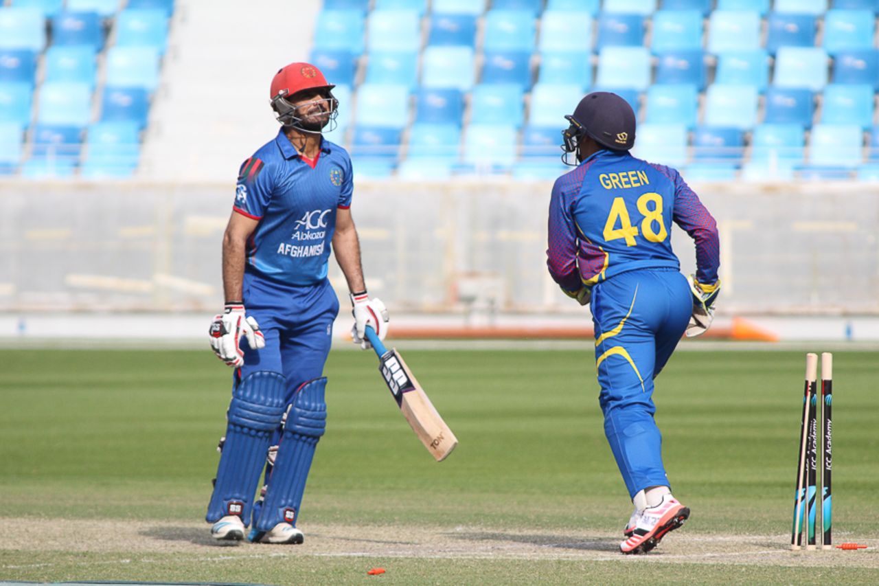 Nawroz Mangal is bowled after missing on a charge down the pitch, Afghanistan v Namibia, Desert T20, Group A, Dubai, January 19, 2017
