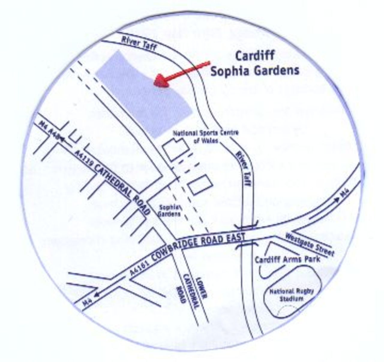 A map of the location of the Sophia Gardens ground in Cardiff.
