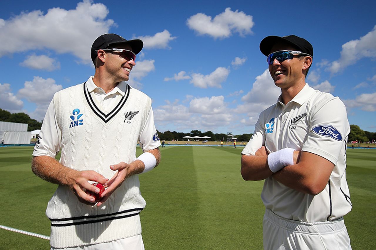 Tim Southee and Trent Boult share a laugh before the start of play, New Zealand v Bangladesh, 2nd Test, Christchurch, 1st day, January 20, 2017