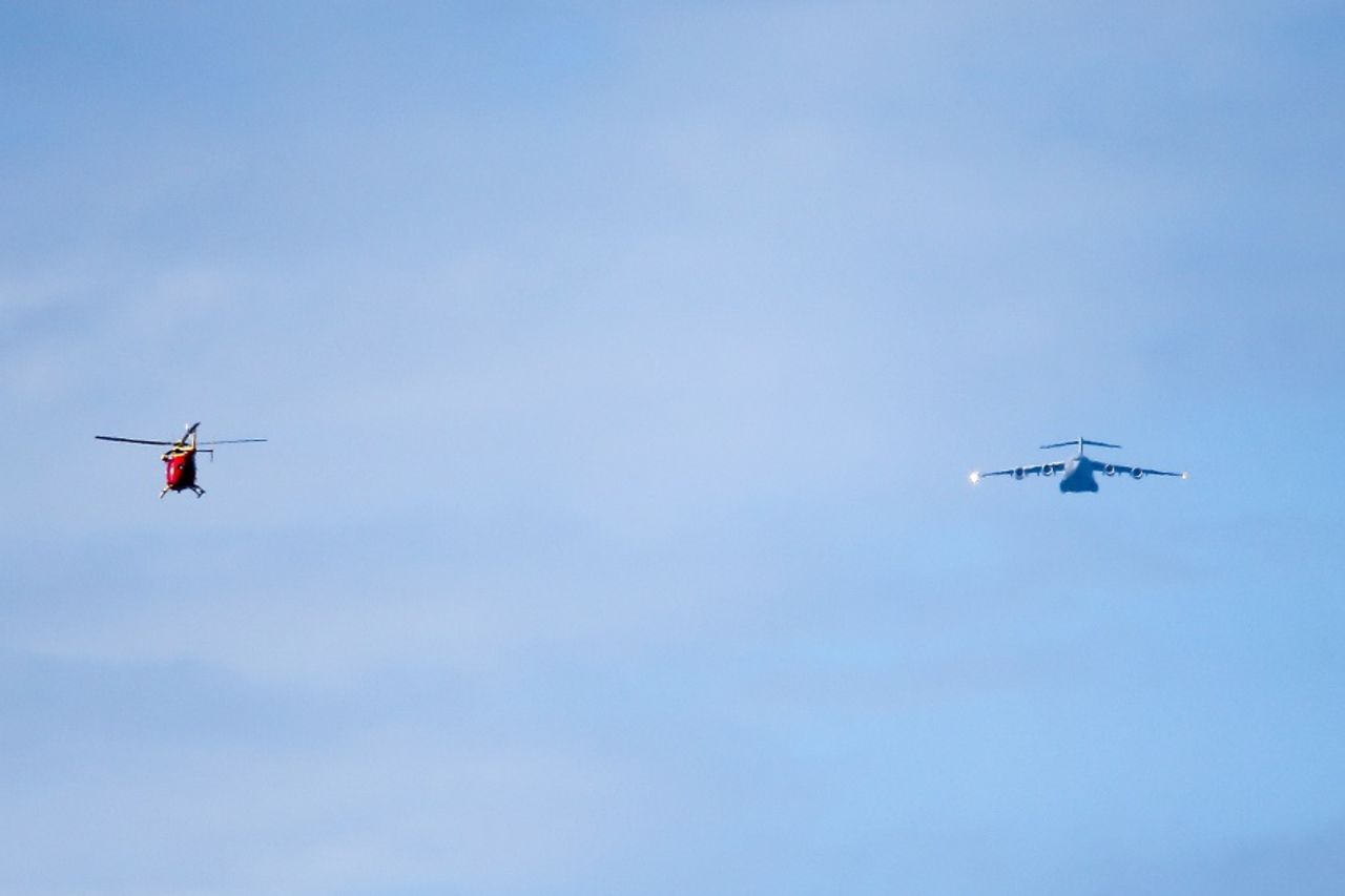 A helicopter and a plane fly over Hagley Oval, New Zealand v Bangladesh, 1st Test, Christchurch, 1st day, January 20, 2017