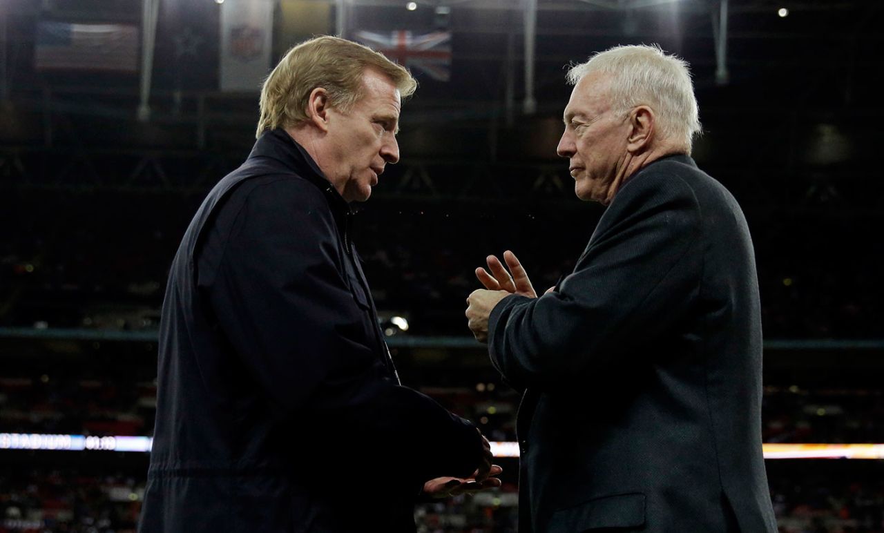 NFL Commissioner Roger Goodell talks to Dallas Cowboys owner Jerry Jones at Wembley, September 1, 2016