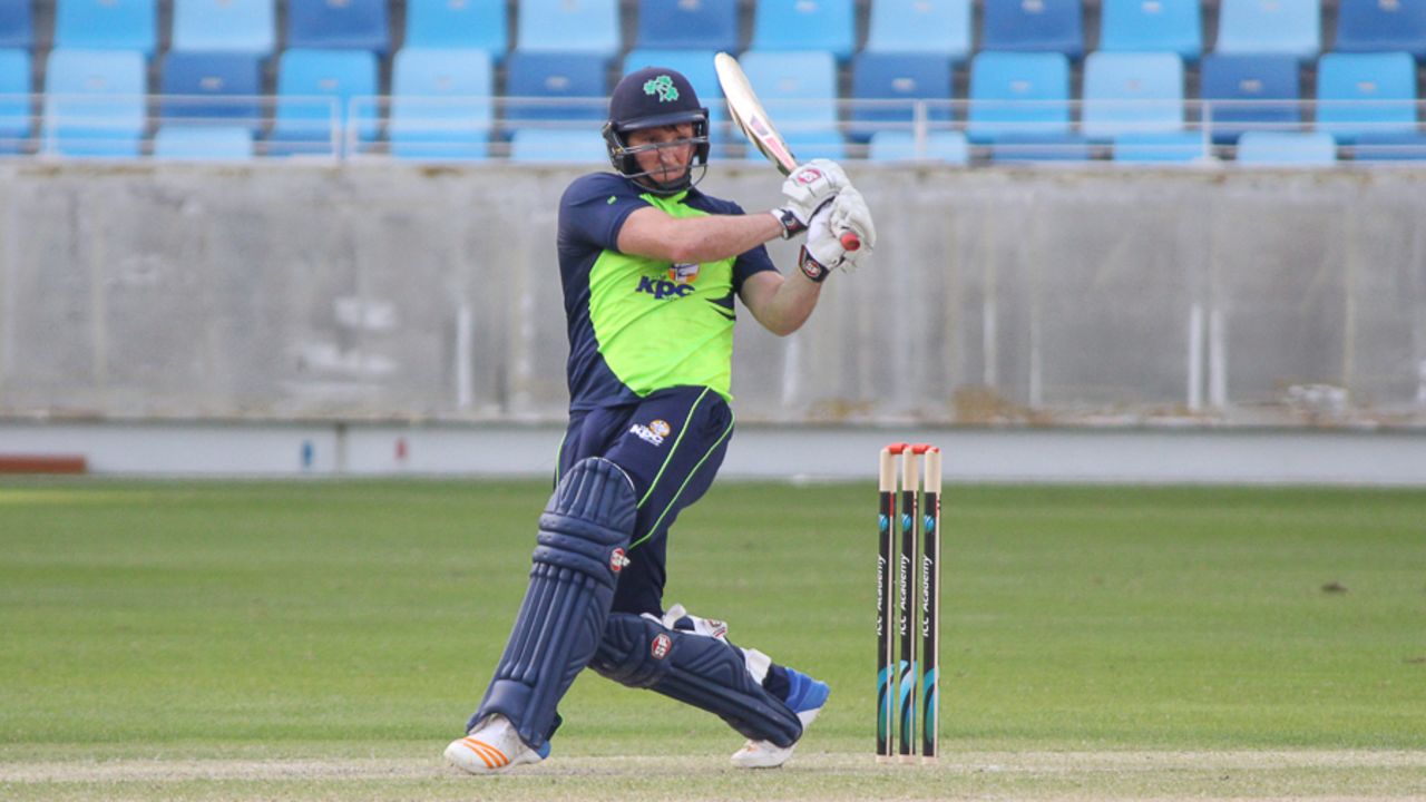 Gary Wilson pulls for his eighth four over midwicket in the final over, Ireland v Scotland, Desert T20, 2nd semi-final, Dubai, January 20, 2017