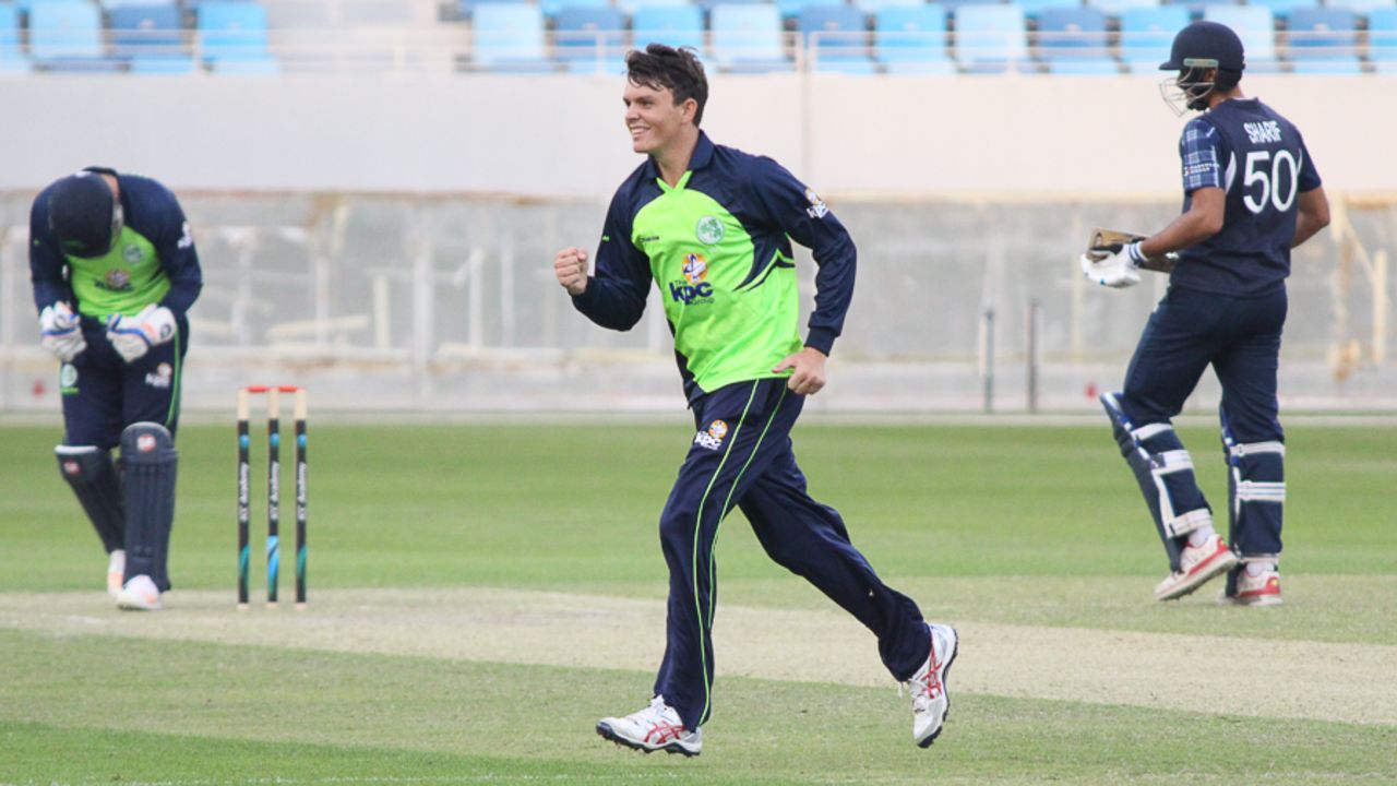 Jacob Mulder celebrates after removing Kyle Coetzer for his third wicket in a spell of 4 for 16, Ireland v Scotland, Desert T20, 2nd semi-final, Dubai, January 20, 2017