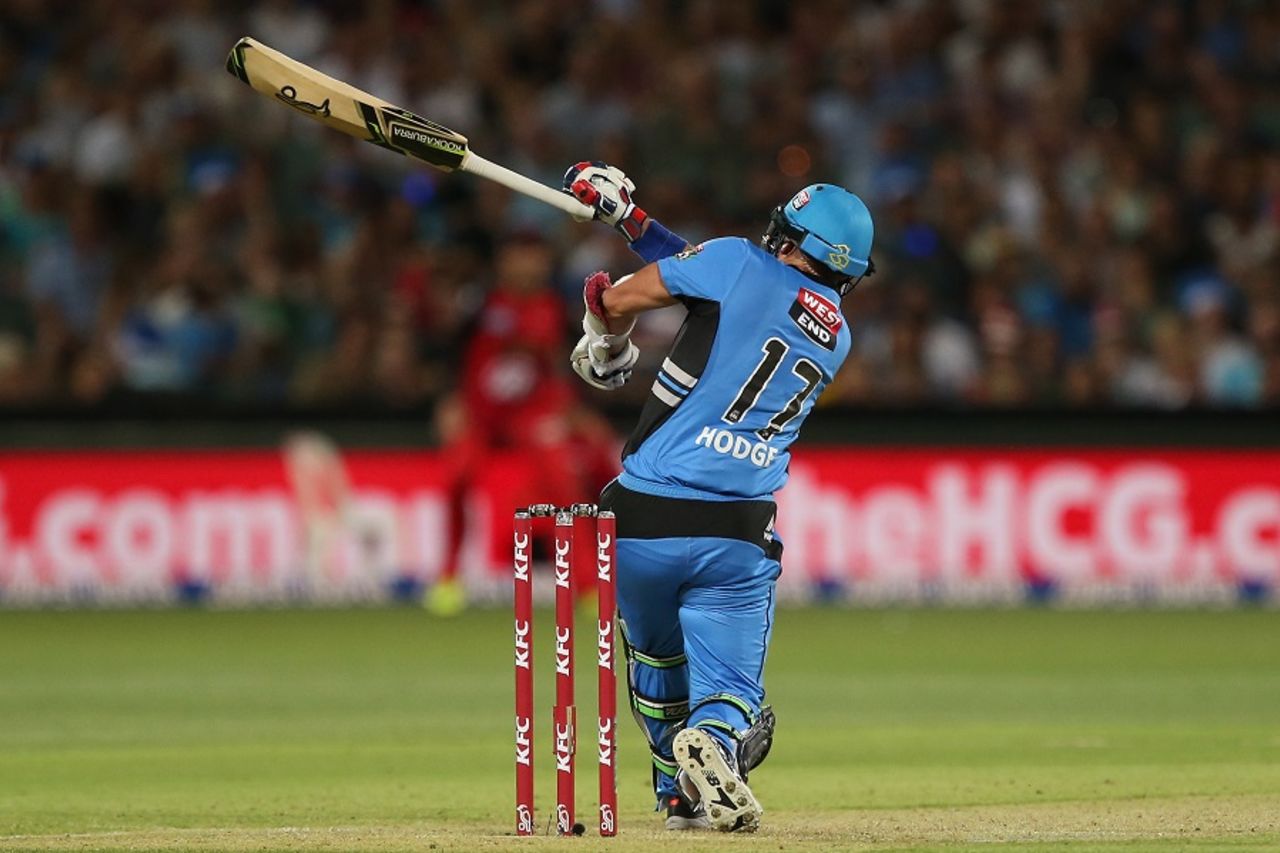 Brad Hodge loses his bat as he plays a shot, Adelaide Strikers v Melbourne Renegades, BBL 2016-17, Adelaide, January 16, 2017