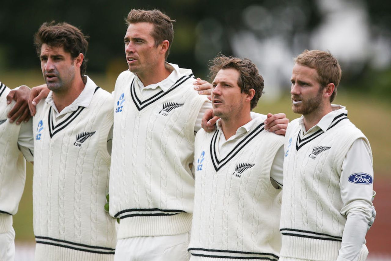 Colin de Grandhomme, Tim Southee, BJ Watling and Kane Williamson sing their national anthem, New Zealand v Bangladesh, 1st Test, Wellington, 1st day, January 12, 2017