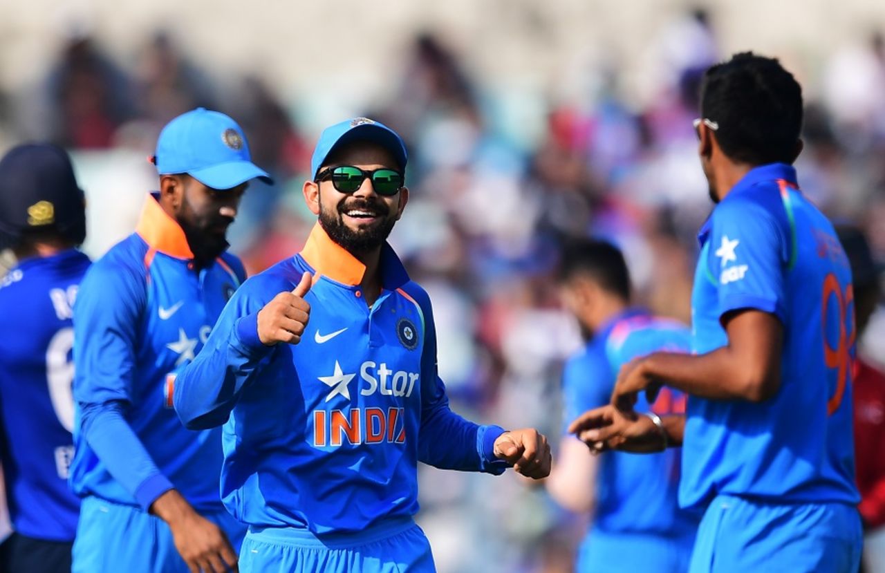 Virat Kohli is all smiles after India take a wicket, India v England, 3rd ODI, Kolkata, 22nd January, 2017