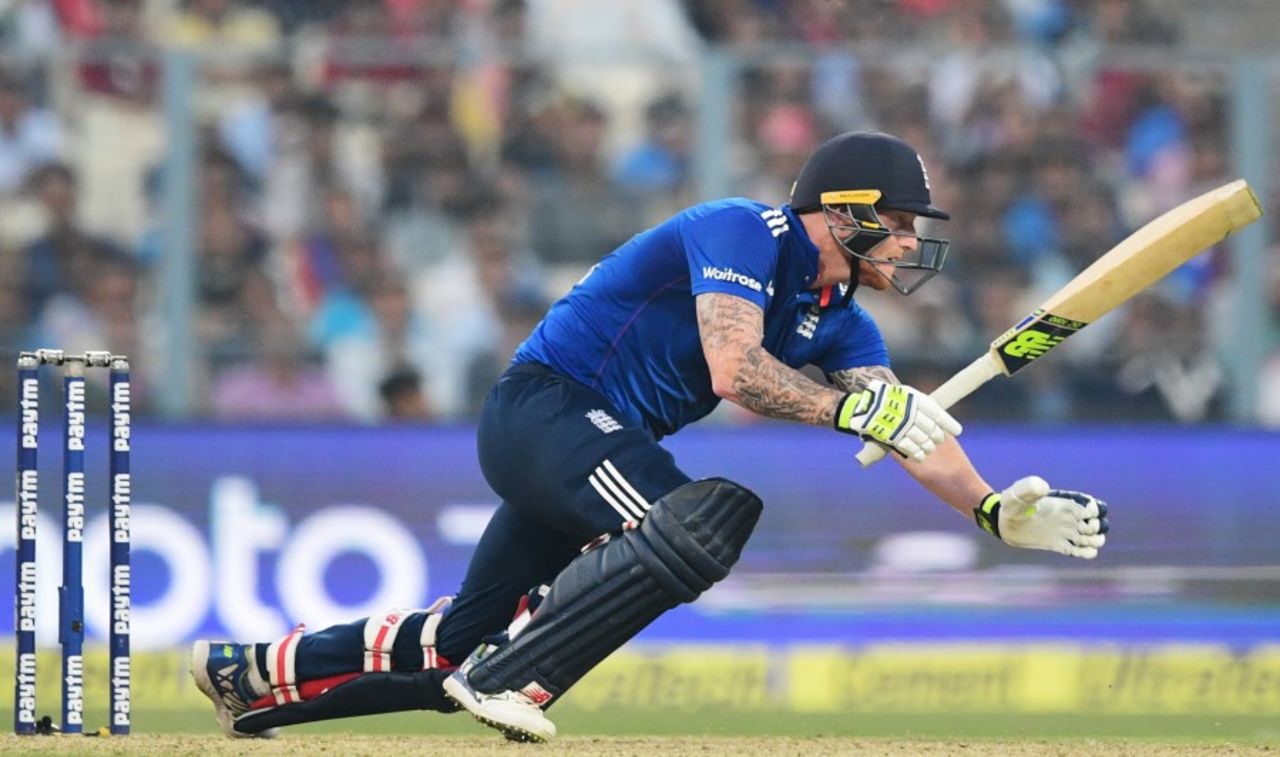Ben Stokes falls over while playing a stroke, India v England, 3rd ODI, Kolkata, January 22, 2017