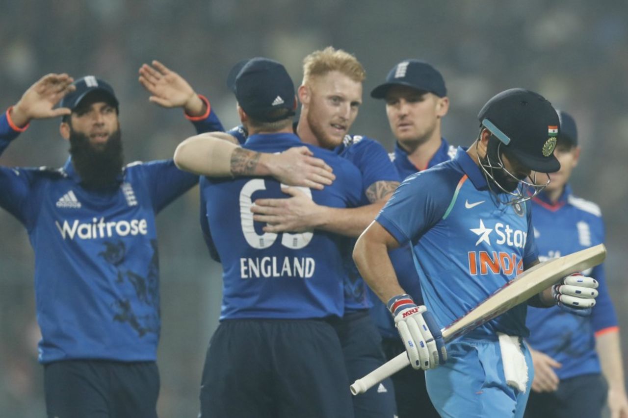 Ben Stokes celebrates after removing Virat Kohli, India v England, 3rd ODI, Kolkata, January 22, 2017