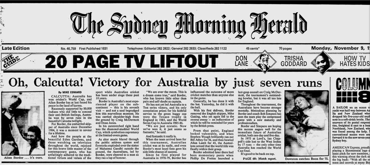 Australia's 1987 World Cup victory makes it to the front page of the <i>Sydney Morning Herald</I>, Australia v England, World Cup final, November 8, 1987