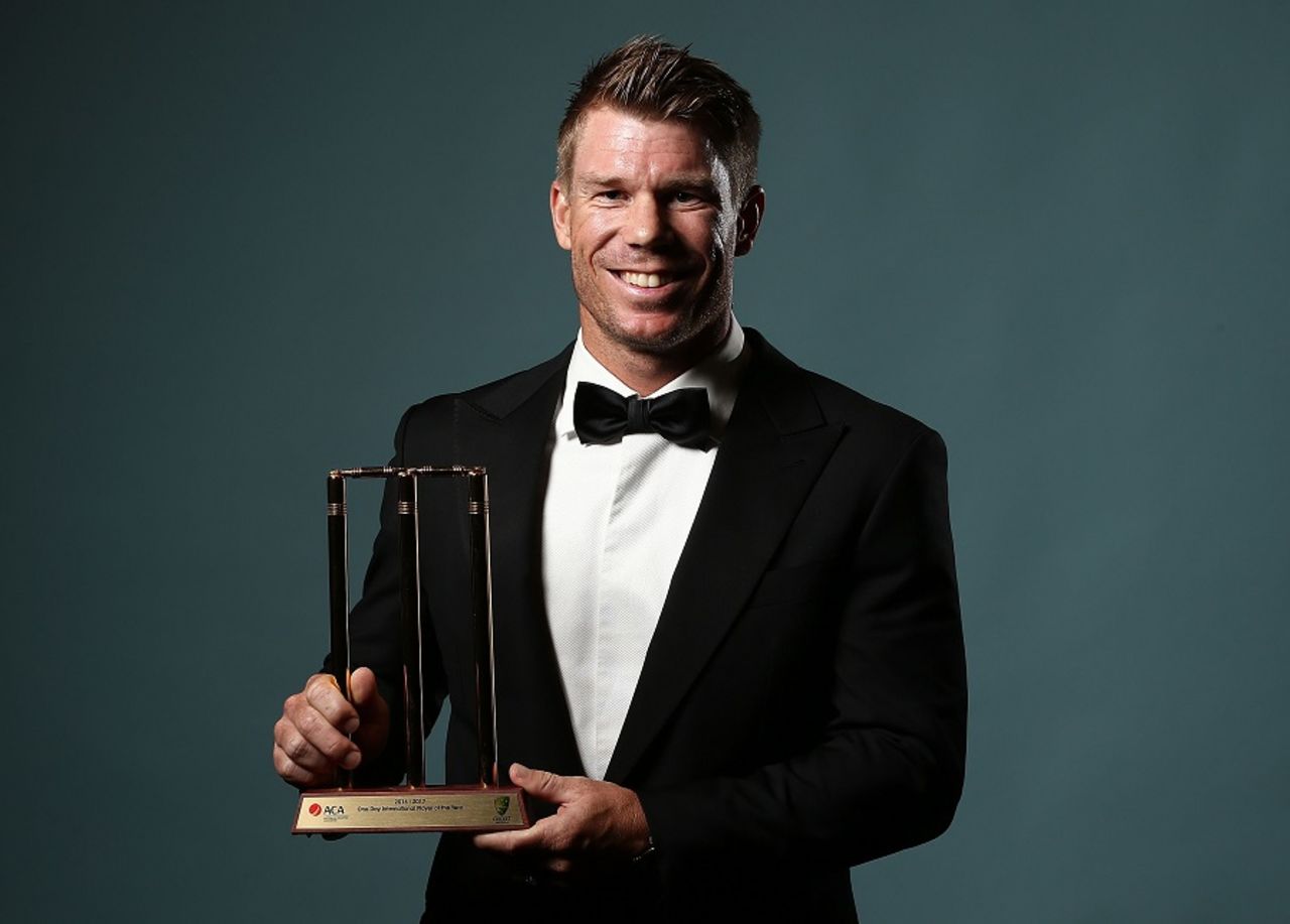 David Warner poses after being awarded the ODI Player of the Year Award at the Allan Border medal awards night, Sydney, January 23, 2017