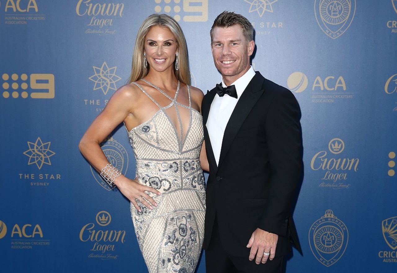 Say cheese: David Warner with his wife Candice at the Allan Border Medal awards night, Sydney, January 23, 2017