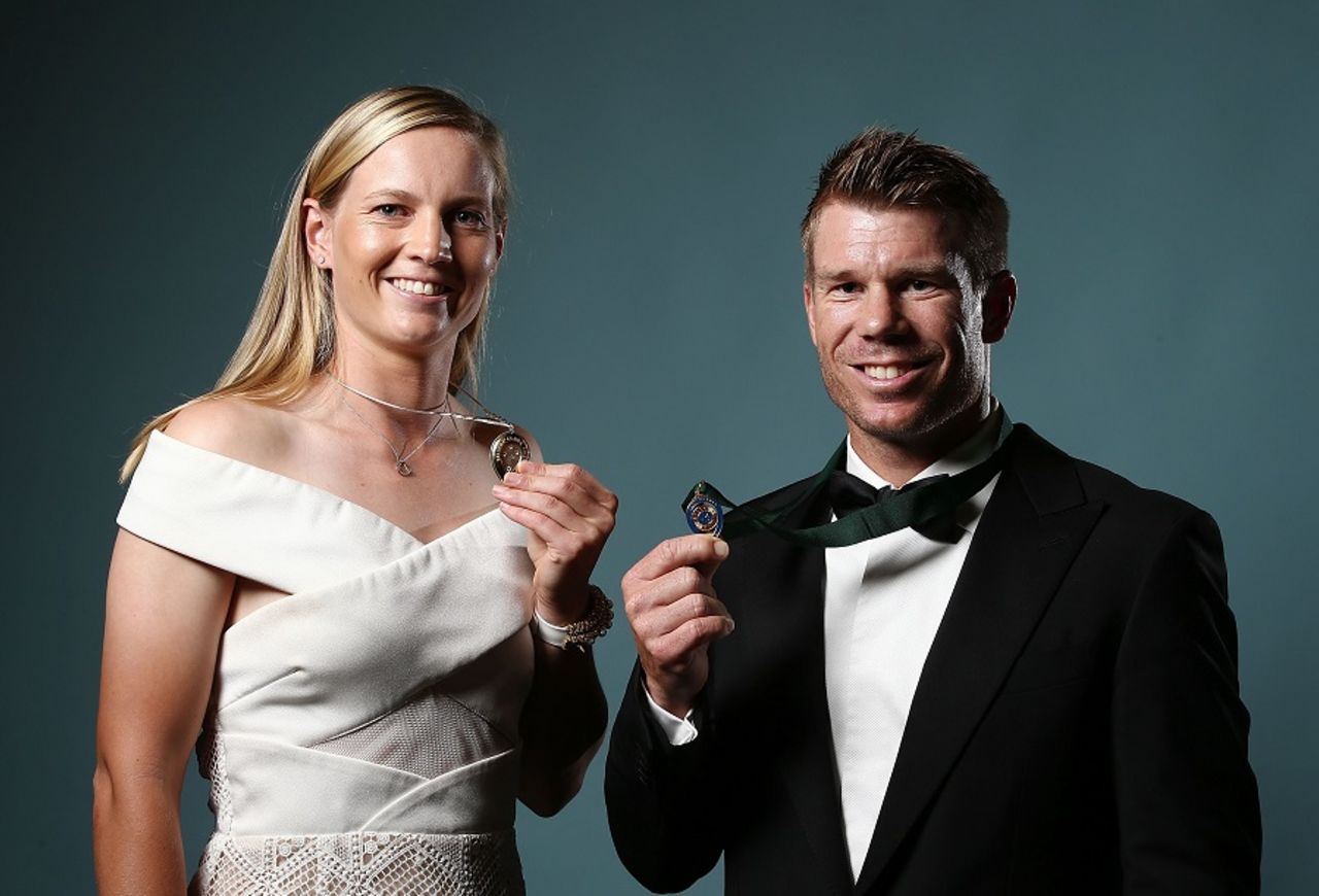 The big winners: Meg Lanning poses with the Belinda Clark Award and David Warner poses with the Allan Border Medal, Sydney, January 23, 2017