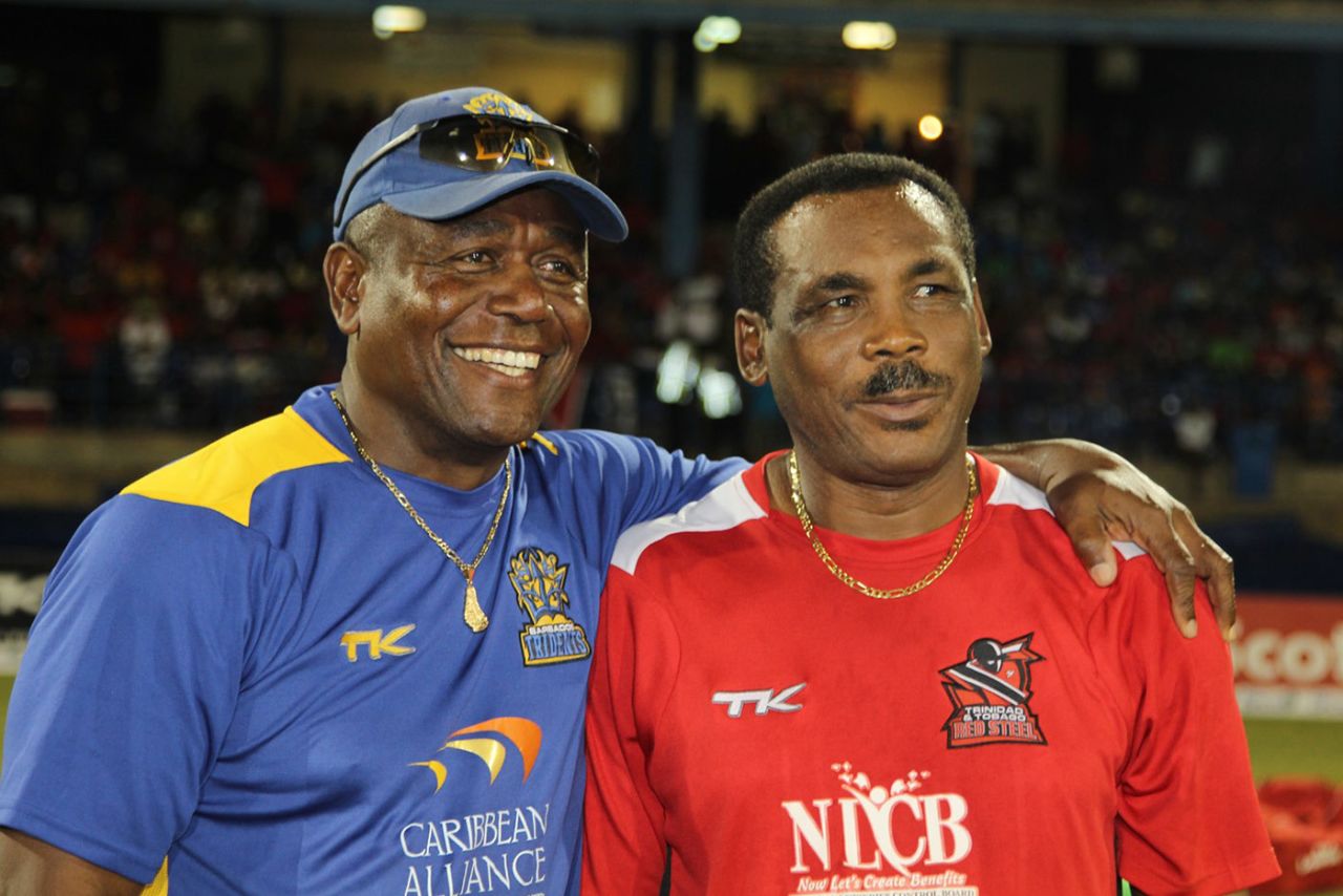 Coaches Desmond Haynes and Gordon Greenidge on the sidelines of the match, Trinidad and Tobago Red Steel v Antigua Hawksbills, CPL, Queen's Park Oval, Port-of-Spain, August 11, 2013