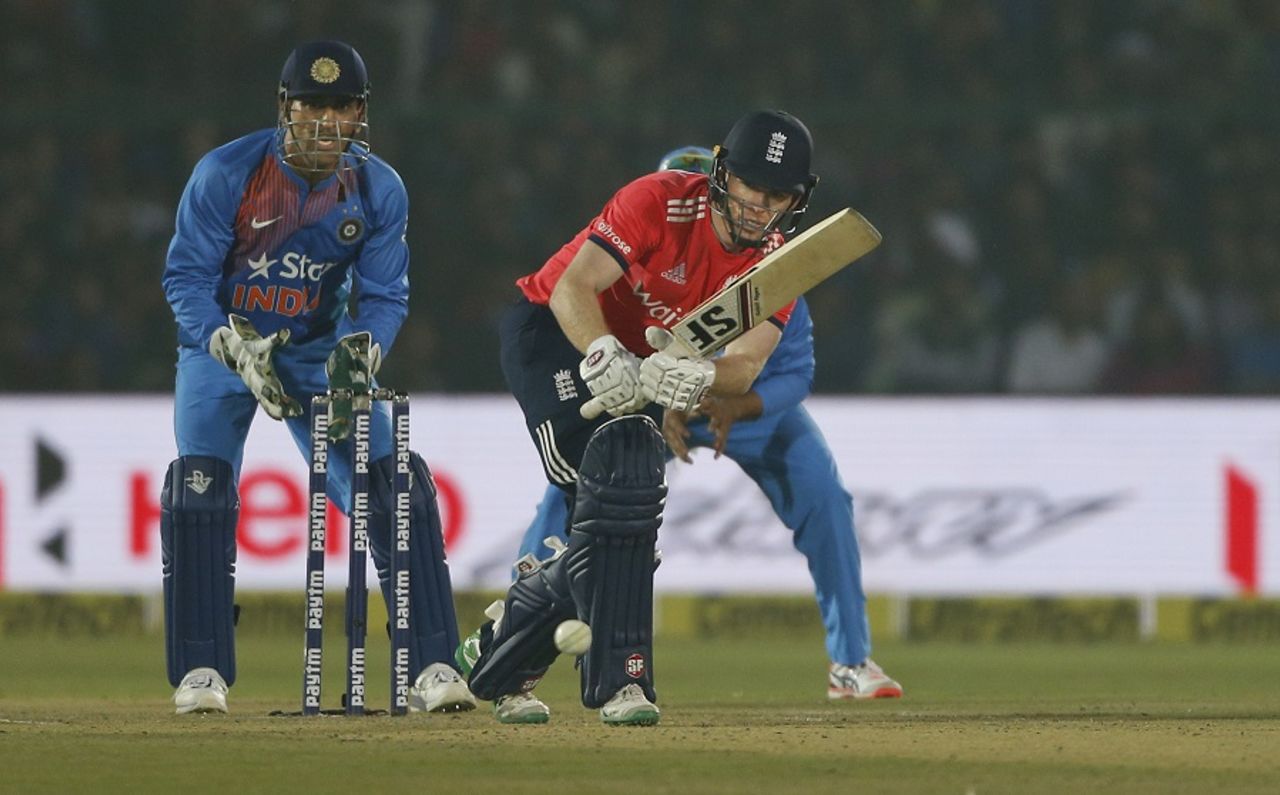 Eoin Morgan strikes the ball down the ground, India v England, 1st T20I, Kanpur, January 26, 2017