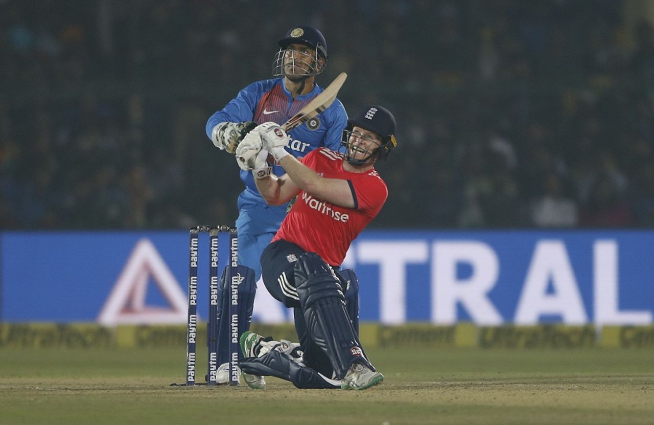 Eoin Morgan dispatches the ball for a six, India v England, 1st T20I, Kanpur, January 26, 2017