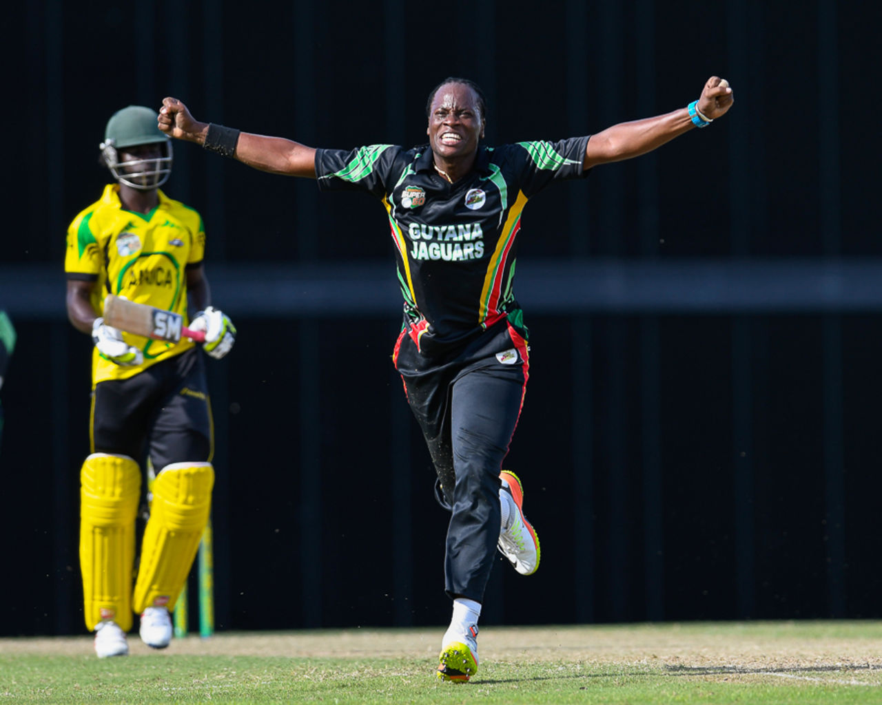 Steven Jacobs celebrates dismissing Chadwick Walton, Guyana v Jamaica, Regional Super50, Group B, Bridgetown, January 26, 2017