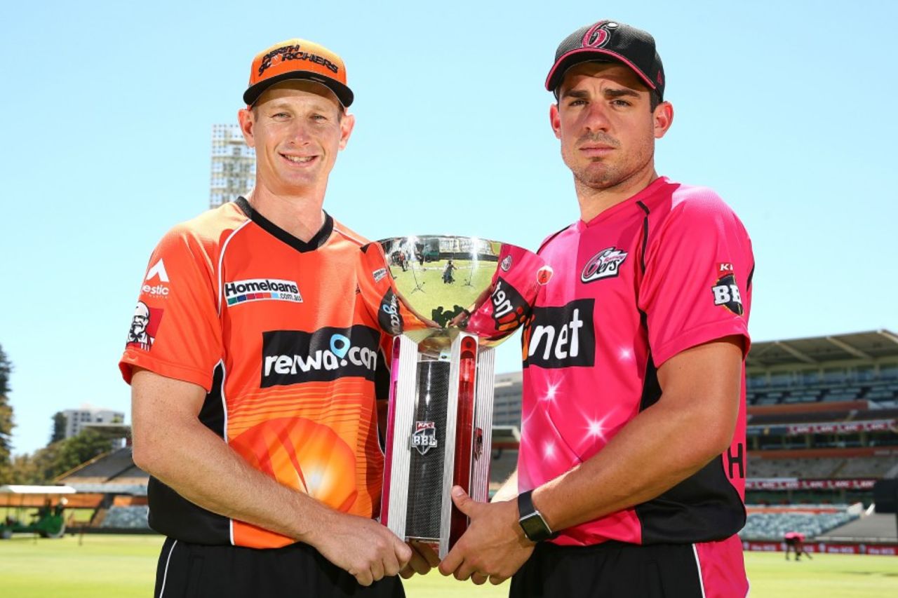 Adam Voges and Moises Henriques pose with the Big Bash League trophy, BBL 2016-17, Perth, January 27, 2017
