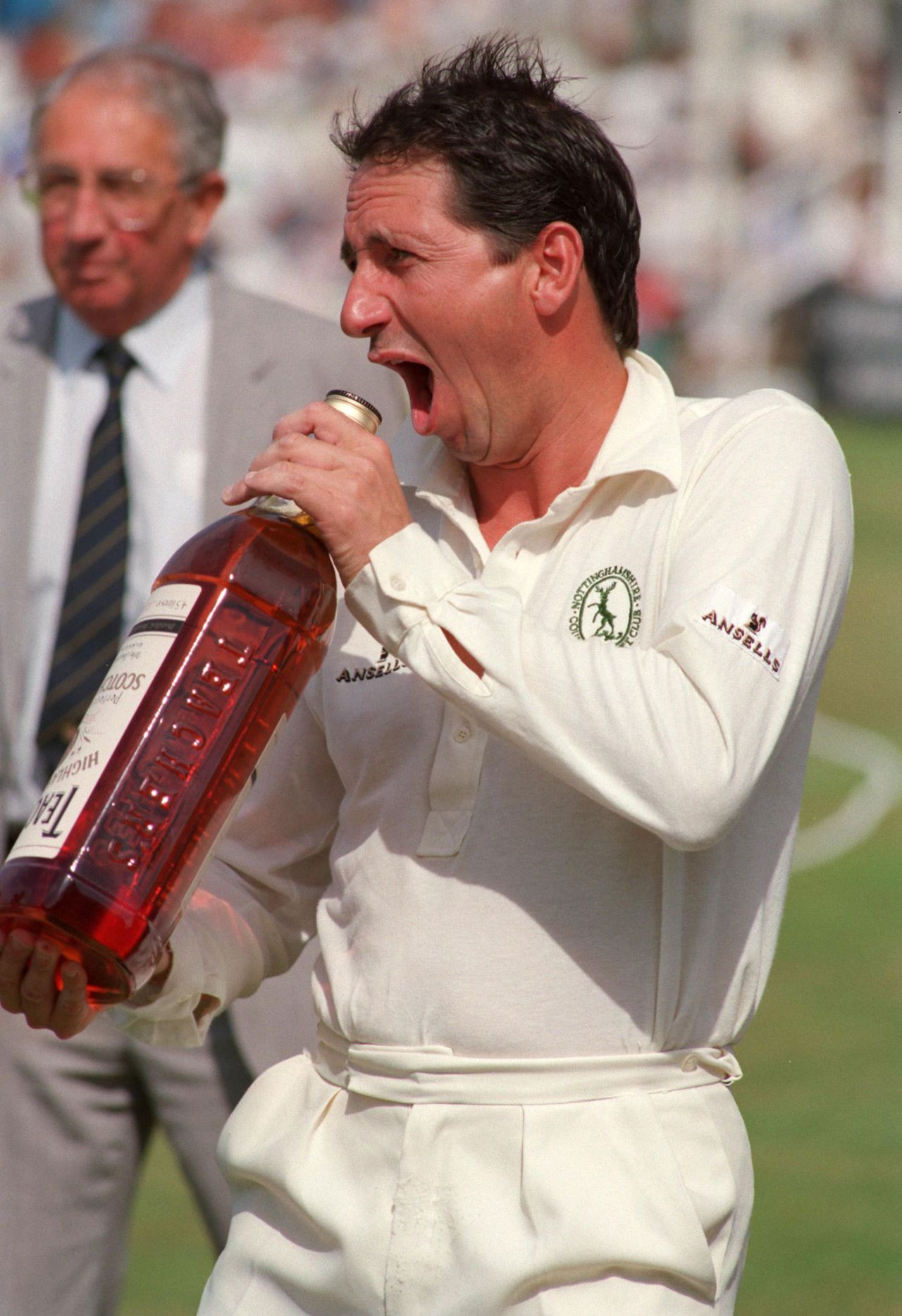 Derek Randall fools around with a bottle of whisky, Nottinghamshire v Worcestershire, Refugee Assurance League, Trent Bridge, August 4, 1991